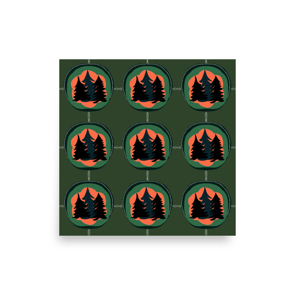Northwoods Pine Trees, Aurora Borealis, Evergreen Pattern Art Print, Dark Green Background