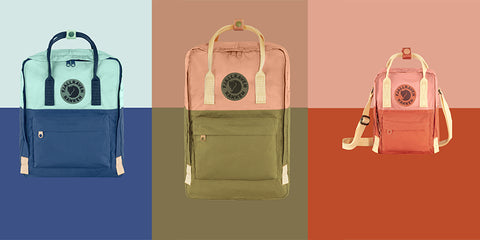 Three backpacks in blue, green, and coral colours displayed against tri-coloured background for product comparison.