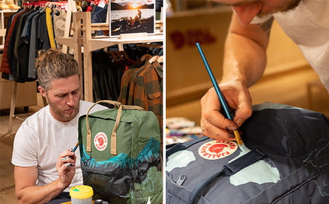 Artist hand-painting a custom design on a Fjällräven Kånken backpack, with a focus on the creative customisation process.