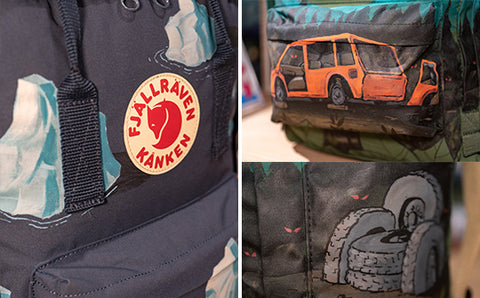 Close-up collage of Fjällräven Kånken backpacks featuring unique outdoor-themed prints, highlighting the detailed designs.