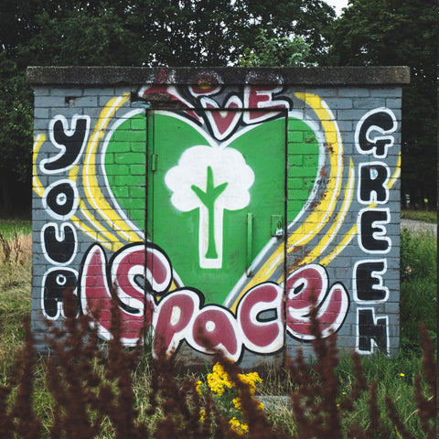 Urban art on a small building with graffiti stating 'Love your green space' featuring a heart and tree symbol, surrounded by greenery.