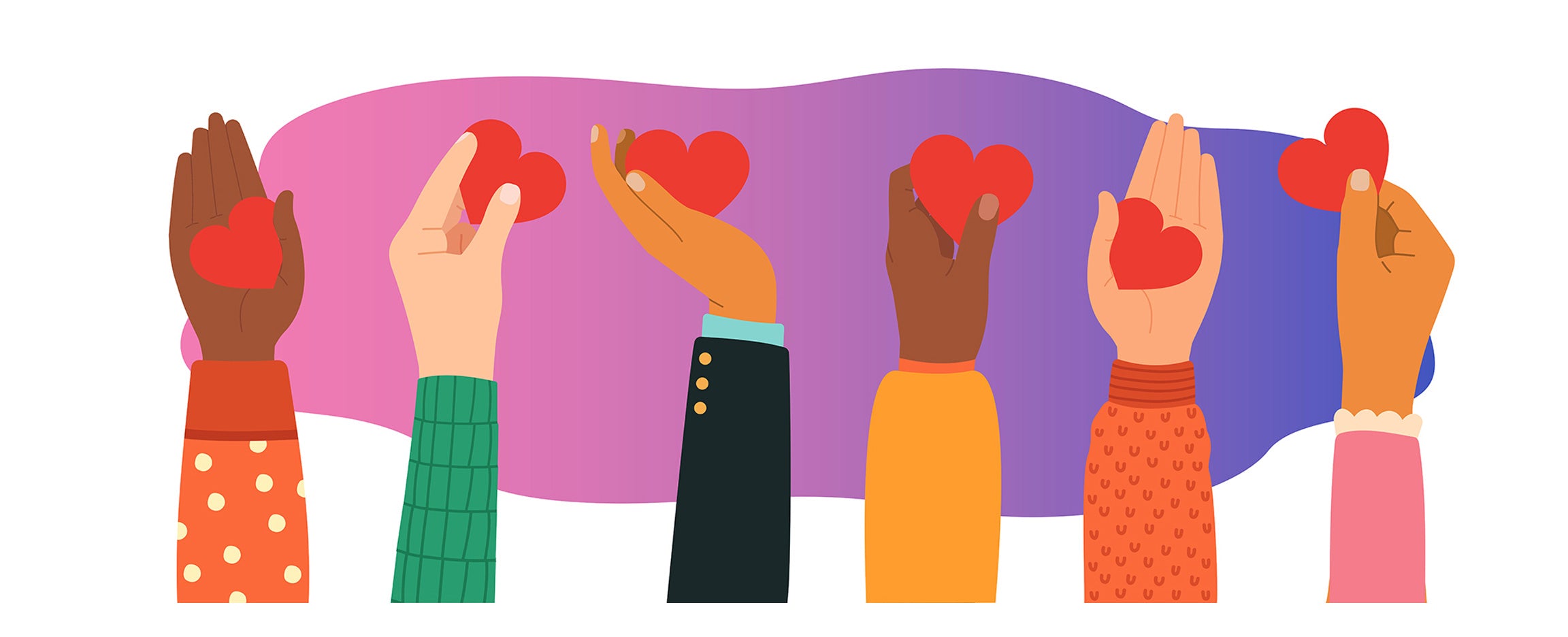 Illustration. In the foreground are a line of six arms outstretched up into the air. Each one is a different skin tone and each is holding a red heart in their hand. The image gives a sense of generosity and giving with a small but powerful gesture.