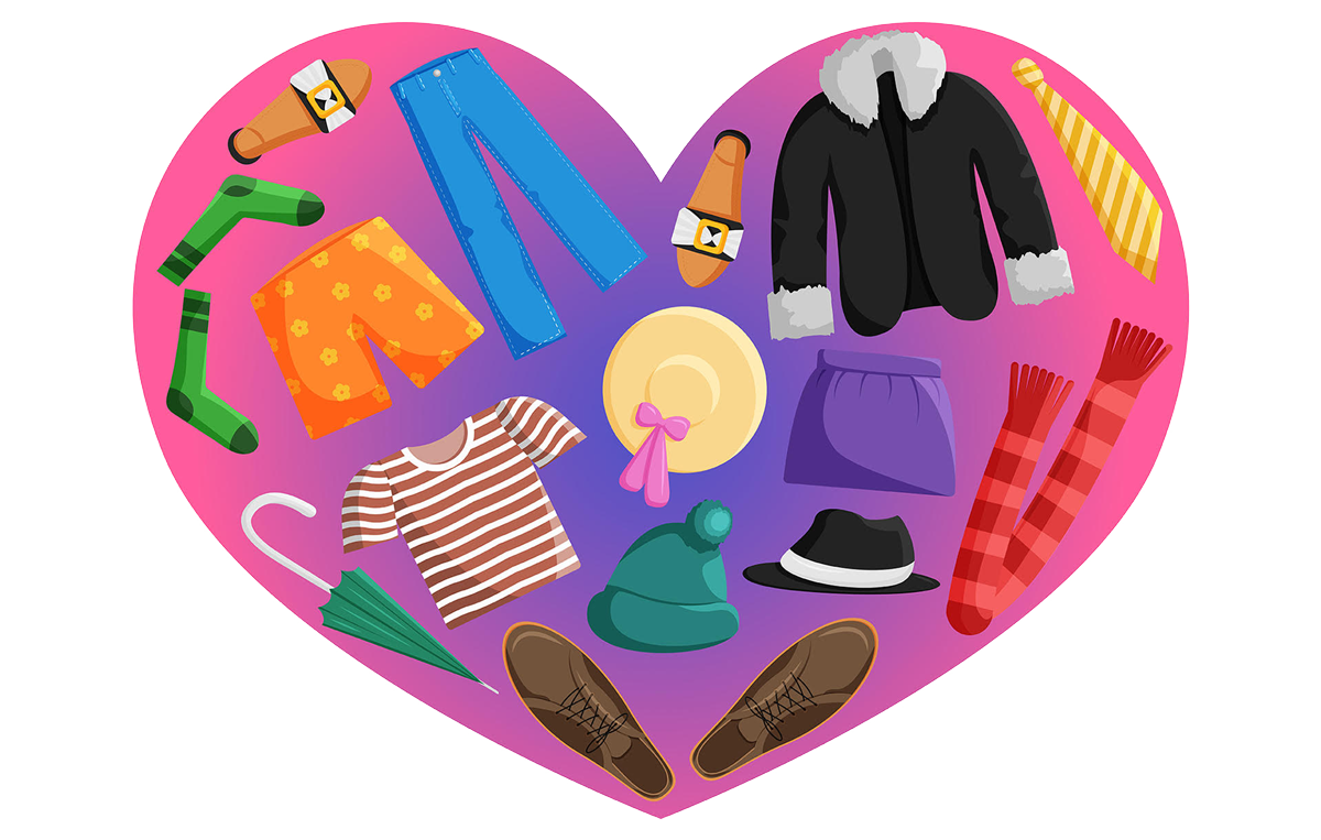 Illustration. A large iconic heart shape filled with a radial color gradient. Within the heart, are illustrated articles of clothing, laid out flat and viewed straight on, all arranged to flow within the curvature of the heart shape.