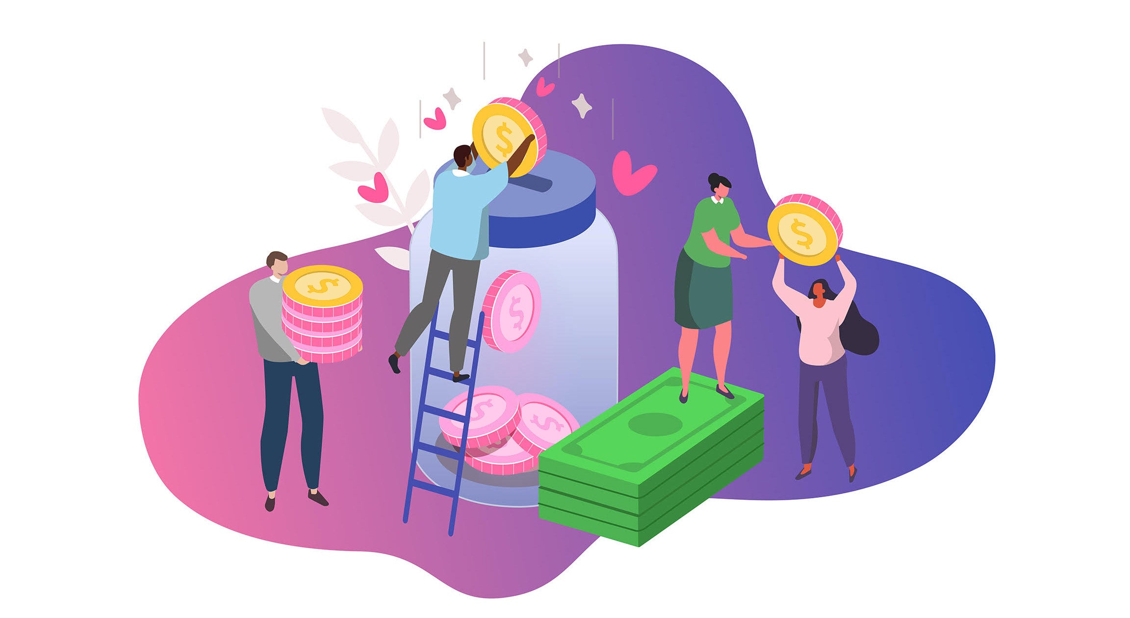 Illustration. Scene depicts four people working together to fill a larger than life jar with larger than life money. The image depicts teamwork, successful fundraising, and has a cheerful color palette.