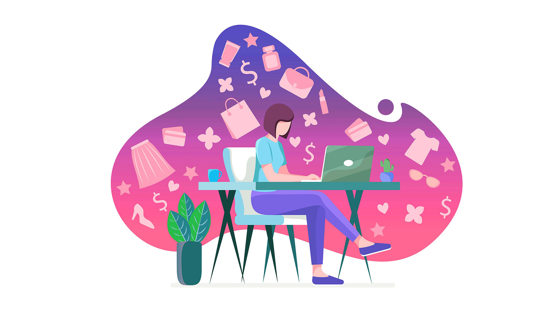 Illustration. Woman sitting in a white chair, with her laptop at a modern desk. The background is a large, organic, abstract shape filled with simple images of clothing, accessories, credit cards, dollar signs, make-up, laurel flowers and stars.
