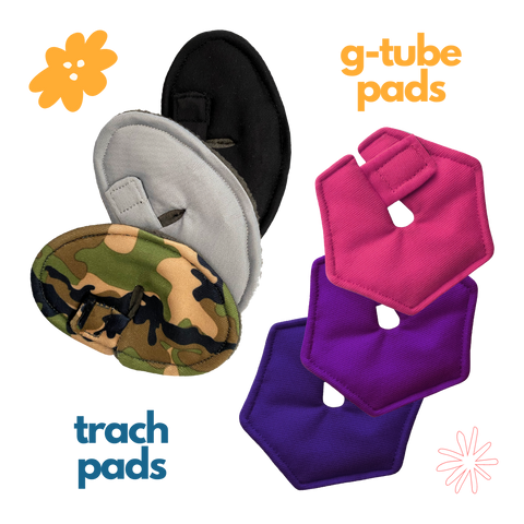 Black, grey, and camo print trach pads and pink, purple, and plum g-tube pads