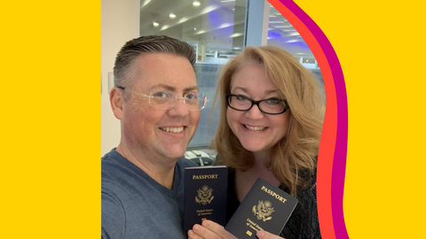 An image of man and a woman holding passports on a yellow background