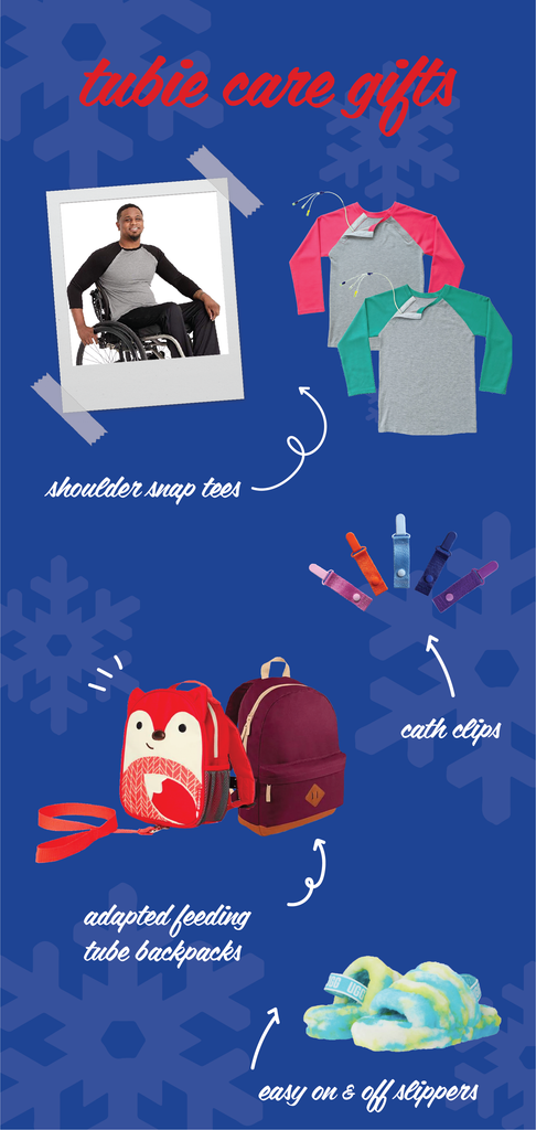 graphic with text "tubie care gifts" and images of shoulder snap tee, cath clips and ugg fluff yeahs