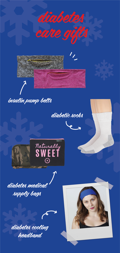 graphic with text diabetes care gifts and images of insulin pump belt, cozy socks diabetes care kits and cooling headband