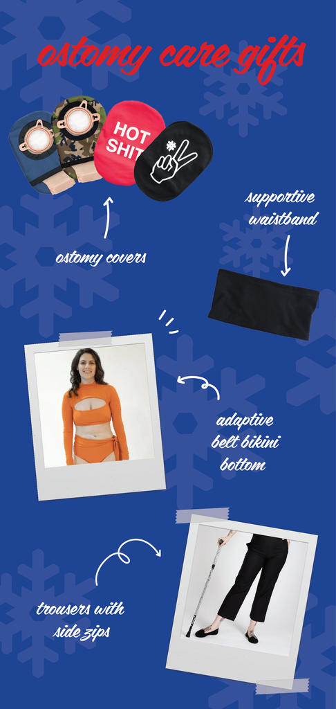 graphic with text "ostomy care gifts" with ostomy cover, stretch waistband and adaptive bikini