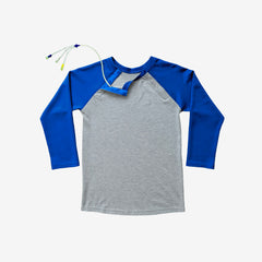 cobalt shoulder snap tee with tubing at opening