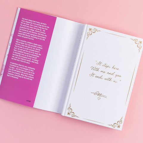 It Ends with Us hardback book with jacket opened and angled against a pink background