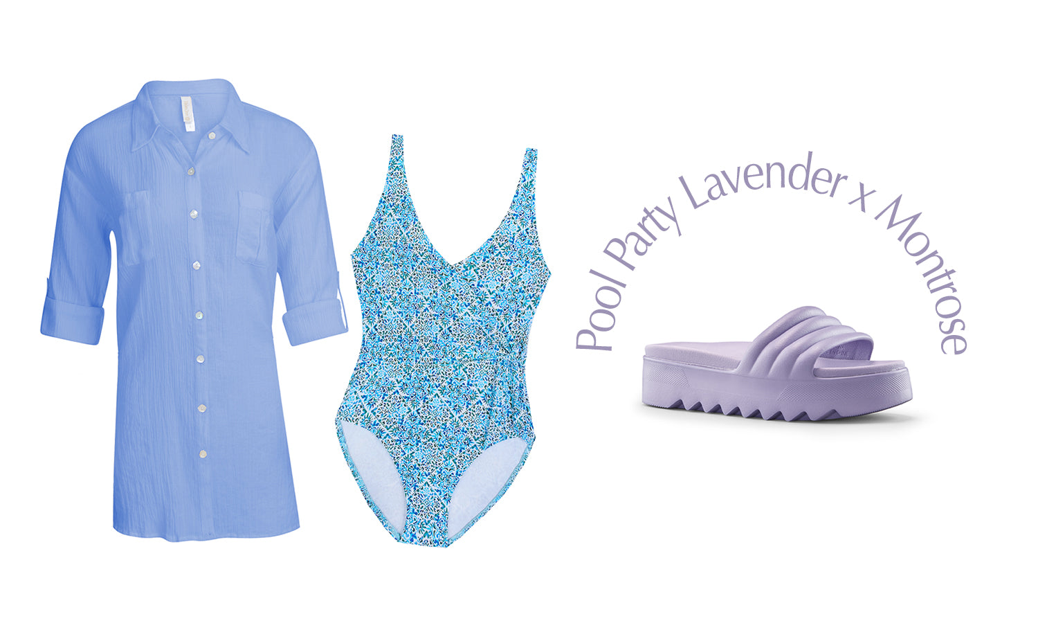 Cougar Pool Party Eva Lavender Slide Sandal Helen Jon Montrose Wrap One Piece and Blue Periwinkle Relxed Shirt Dress