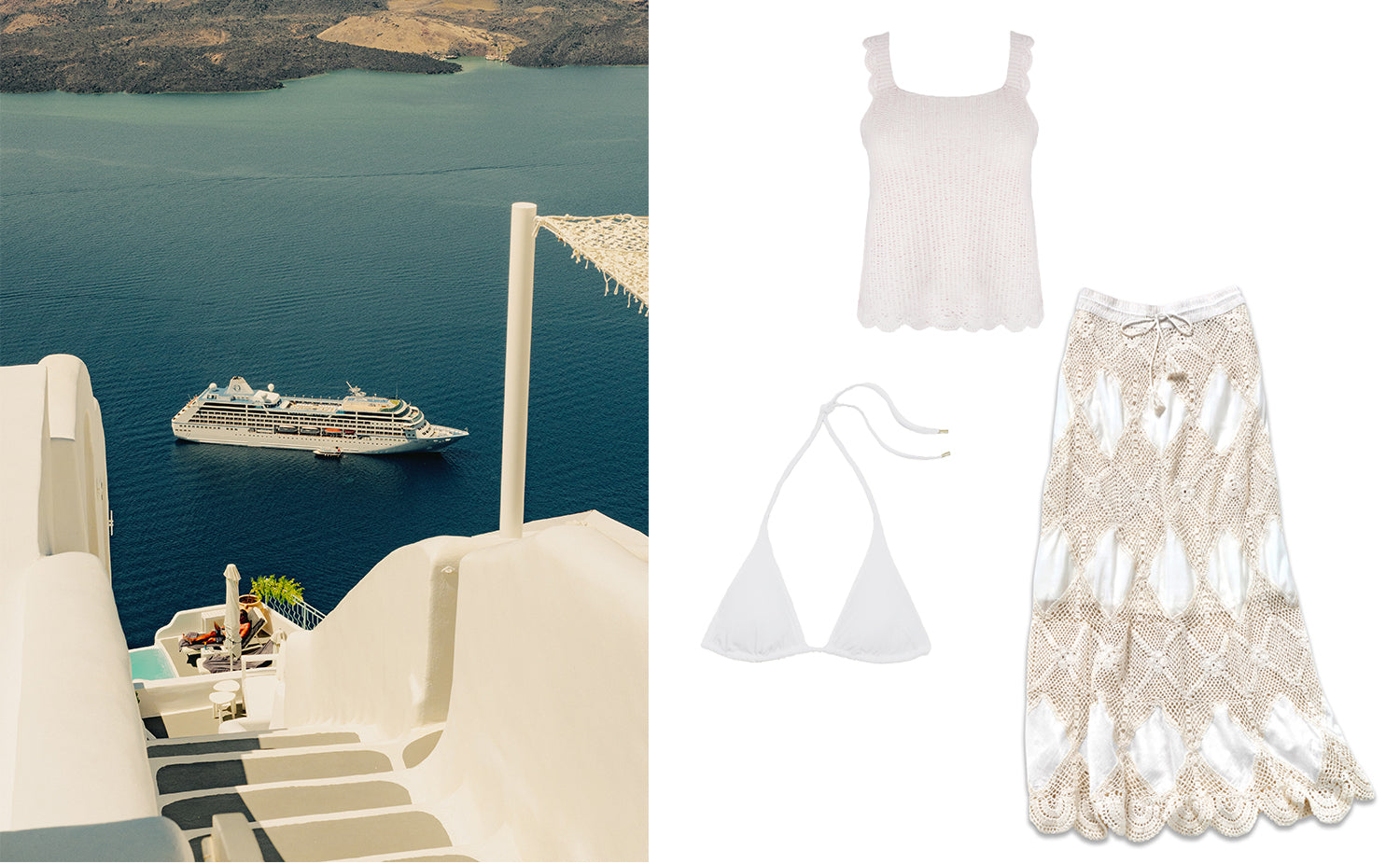 Scalloped Hand Crcohet Maxi Skirt/Bandeau Dress and tank with classic white string bikini top a must have cruise wear set.