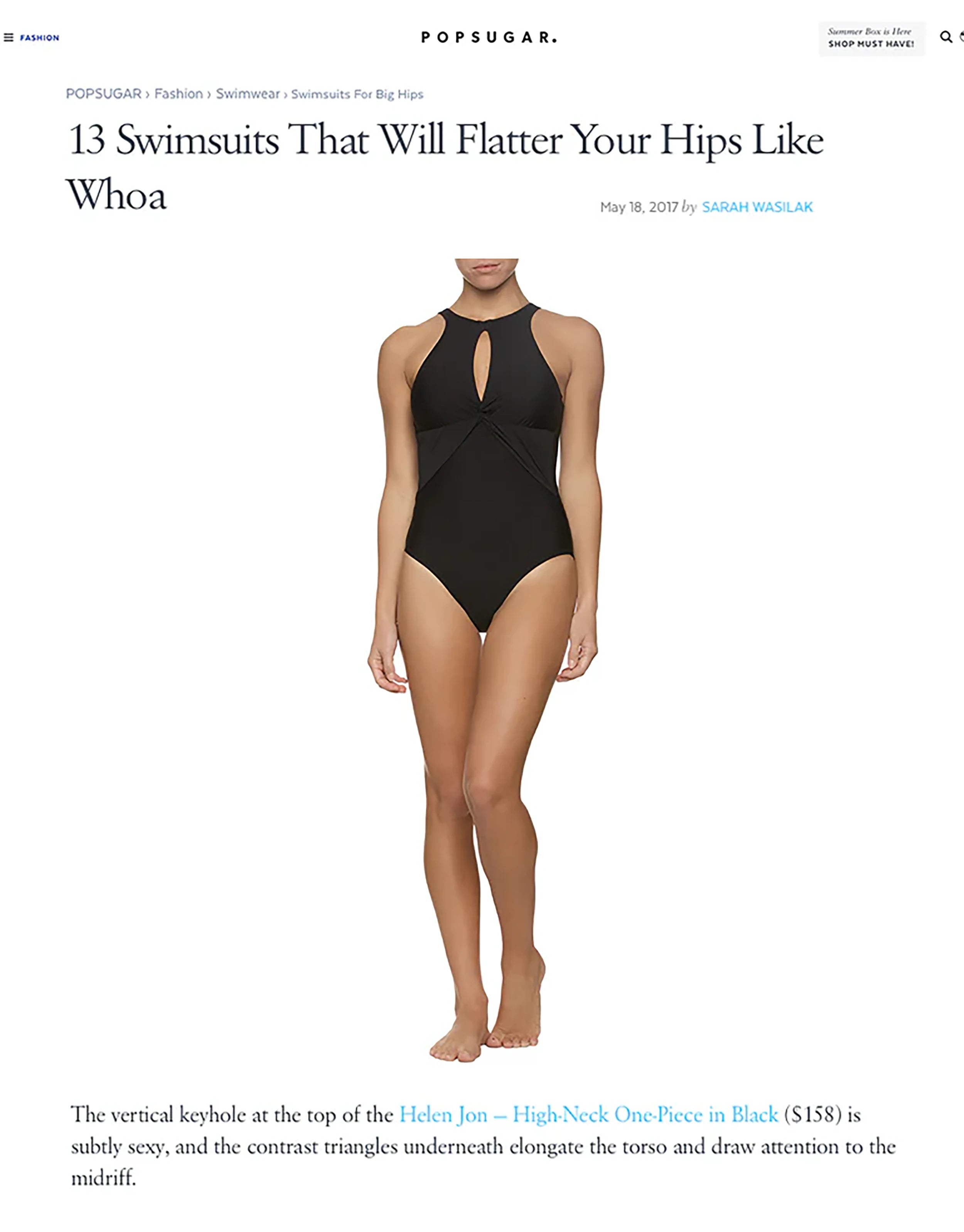 PopSugar featuring the Helen Jon High Neck One-Piece in Black to Flatter Hips May 2017