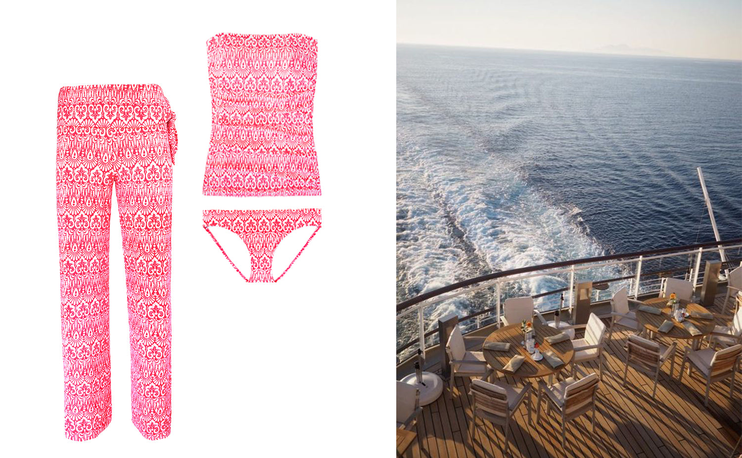 Pink Printed Strapless Tankini Set with Matching Beach Pants a must have cruise wear set.