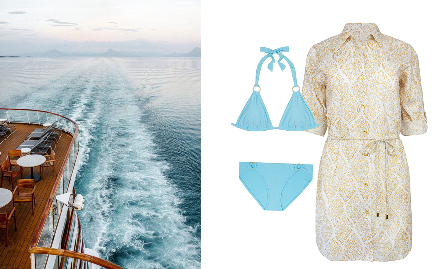 Sky Blue Shell Ring Bikini Set with Sand Printed Shirt Dress a must have cruise wear set.