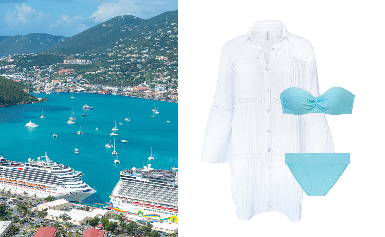 White Eyelet Tunic with our Sky Blue Bandeau Bra and Convertible Hipster a must have cruise wear set.