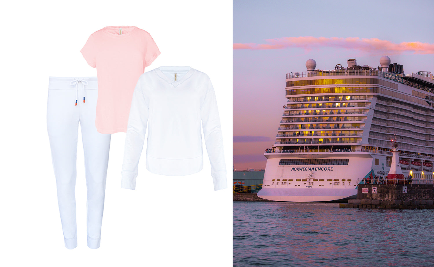 French Terry V-Neck Pullover and Joggers paired with a soft pink tee shirt a must have cruise wear set.
