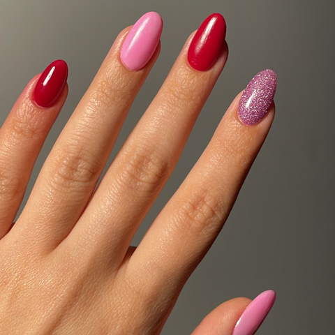 Ovale nagels in roze, rood en glitter