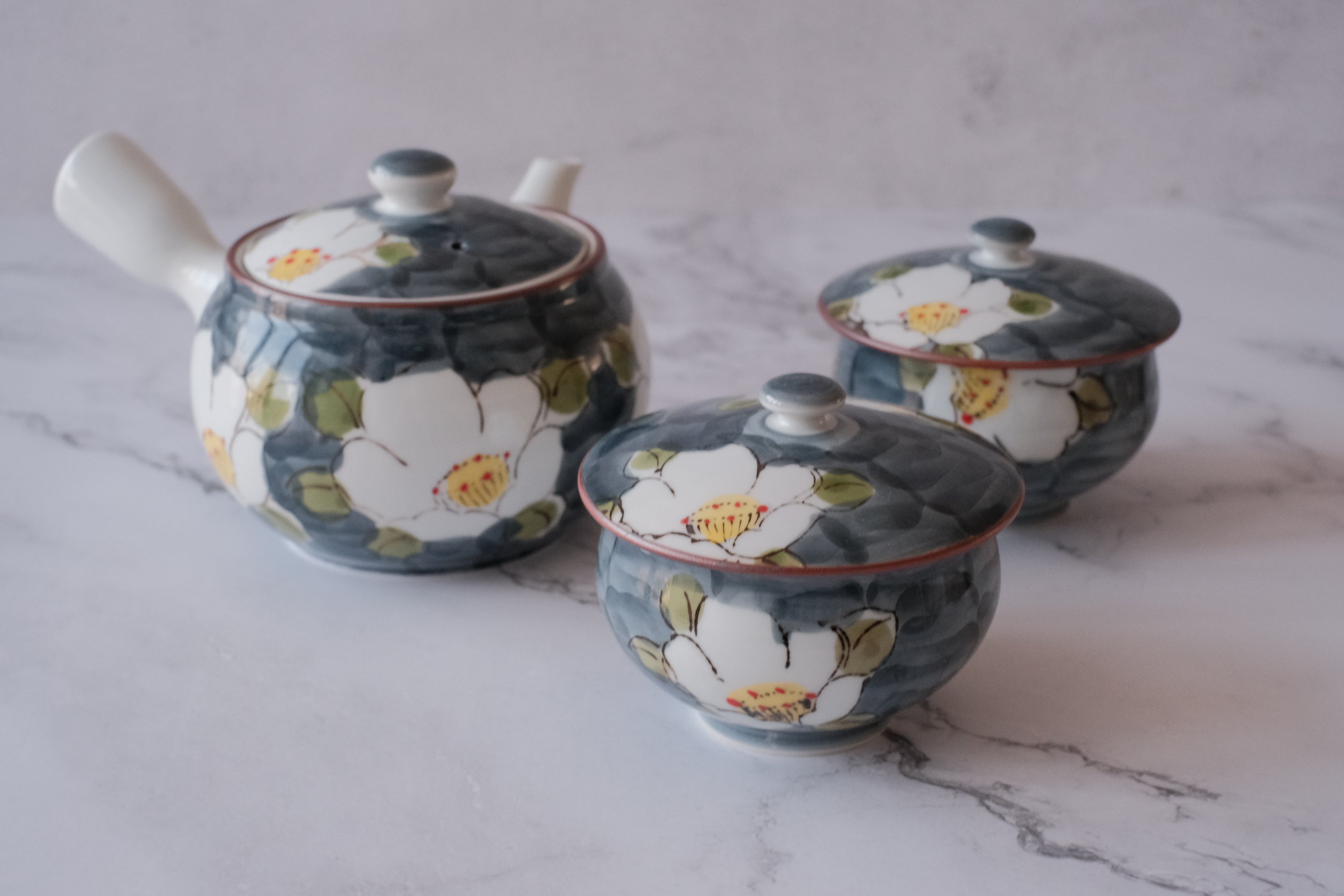 Hasami Porcelain White Flower Teapot & Teacups Set