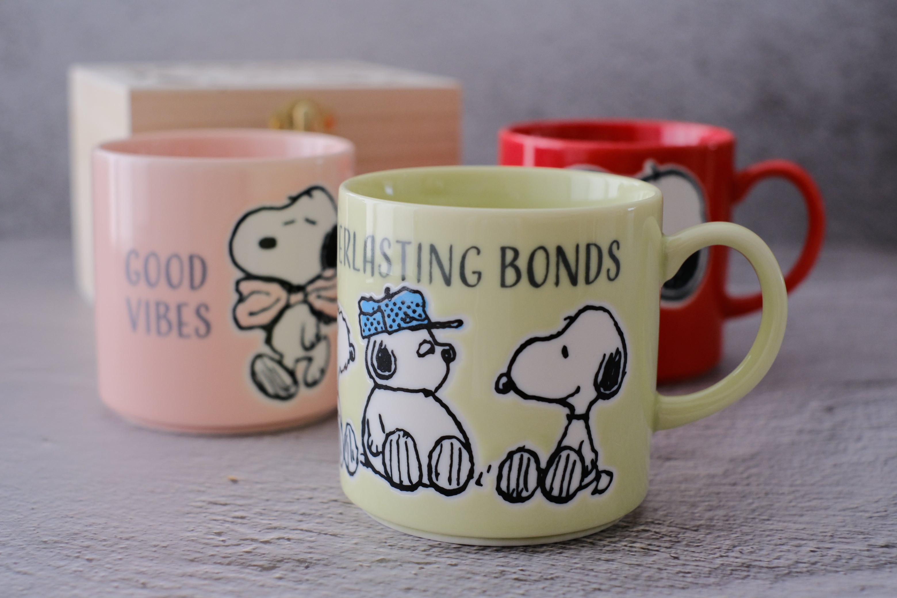 Peanuts Snoopy Japan Coffee Mug Cup in Wooden Lightbox