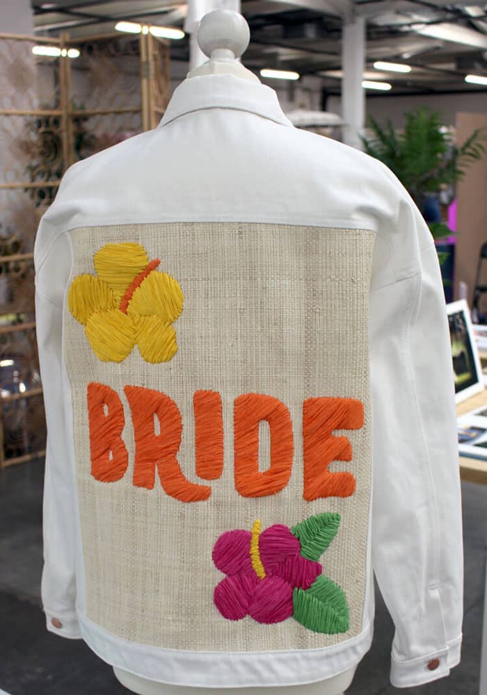 Tihara Smith's white denim with a raffia back and the word 'bride' embordered on the jacket