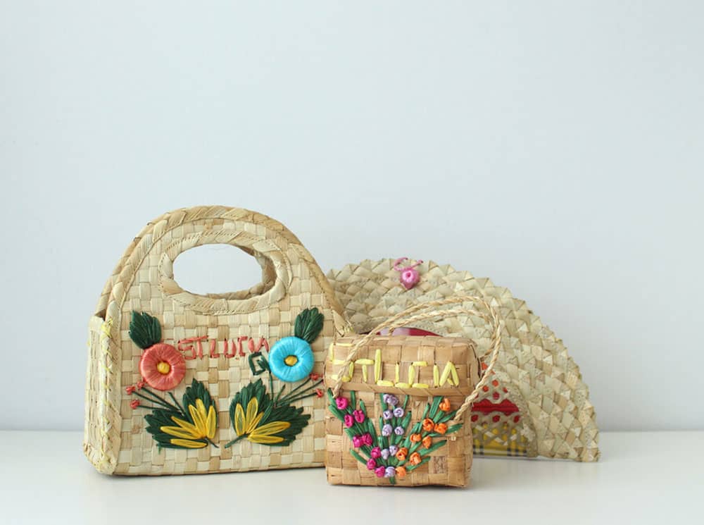 Raffia bags baskets embroidery produced in St Lucia