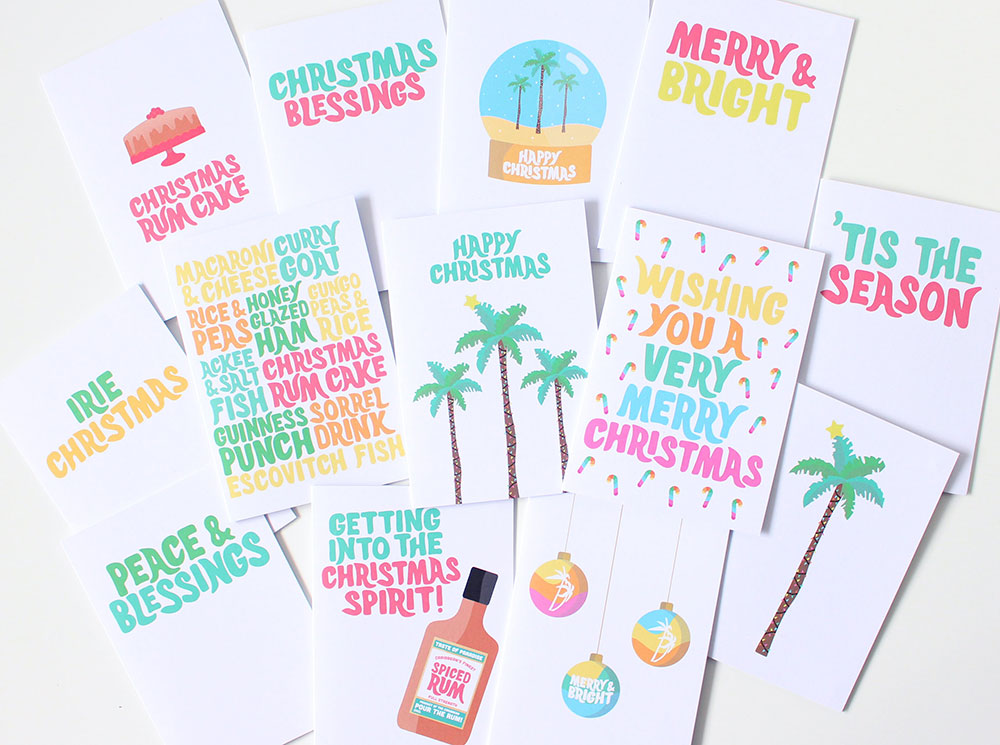 Image of all the tropical Christmas cards laid out.