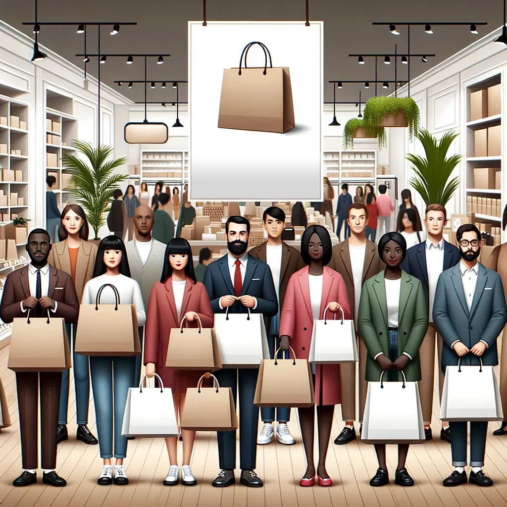 Diverse shoppers in a retail environment holding paper bags of different sizes, emphasizing the significance of bag dimensions.