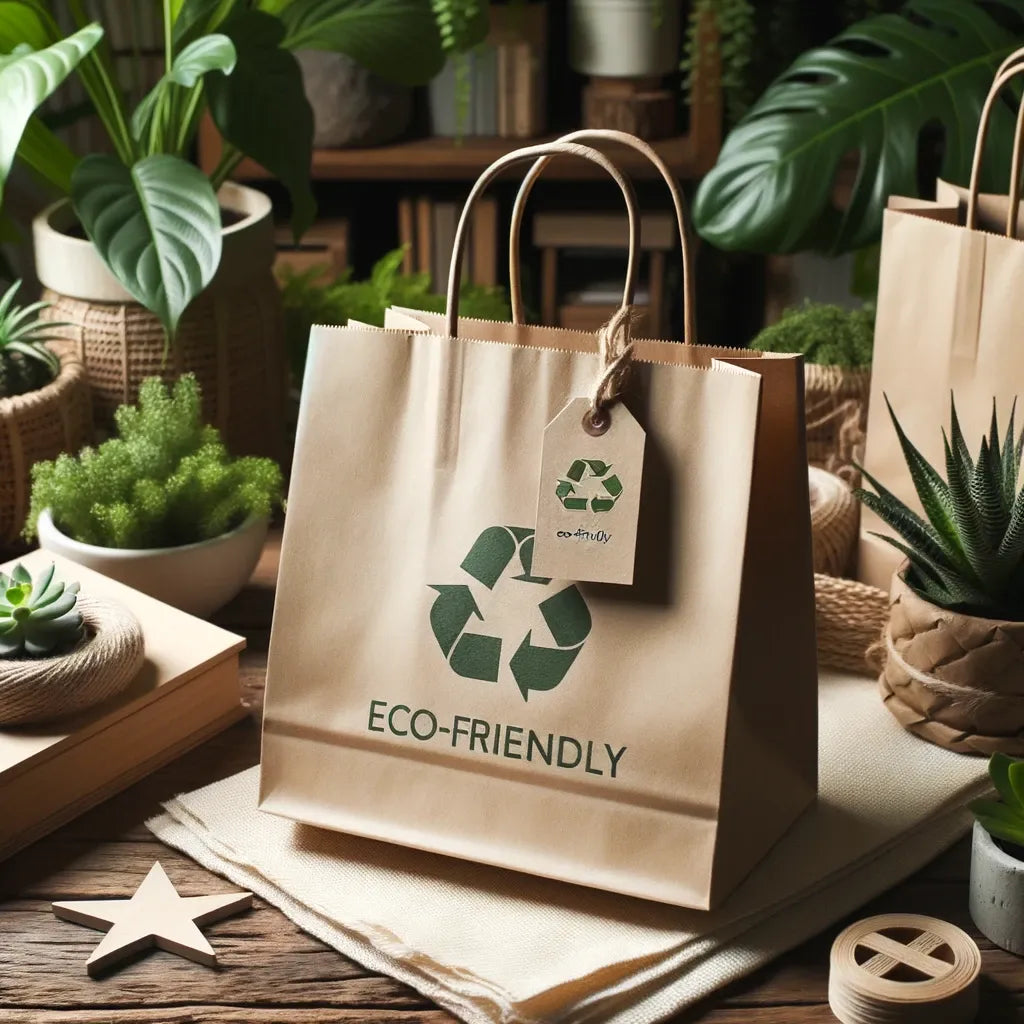 Pile of paper bags with 'Eco-Friendly' tags on a wooden table, surrounded by plants and symbols of sustainability.