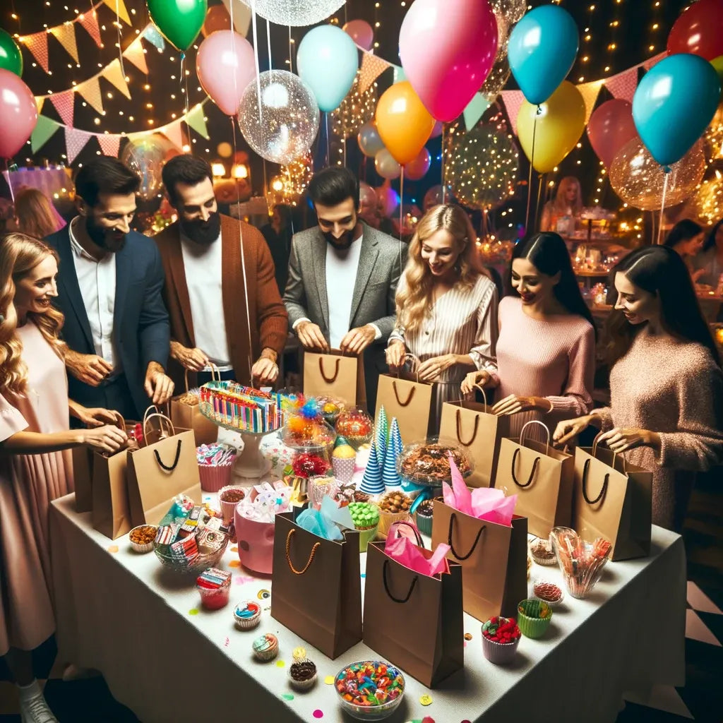 Lively party atmosphere with guests selecting paper party bags filled with treats from a decorated table.
