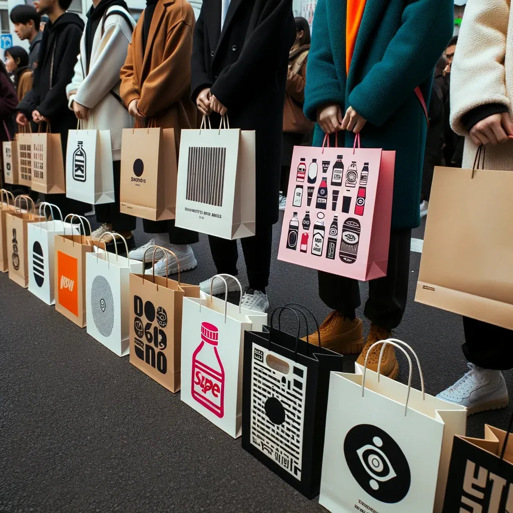 People on a street carrying uniquely designed paper bags with distinct branding elements, with one brightly colored bag standing out.