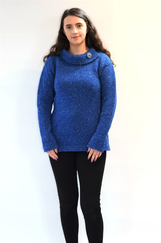 Cowl polo neck sweater with berry stitch edges – Turquoise 