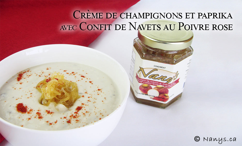 Crème de champignons et paprika avec Confit de navets au poivre rose