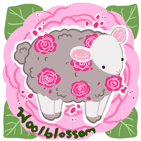 First woolblossom logo, a grey sheep with pink roses on it's wool, with a bigger flower in the whole background.