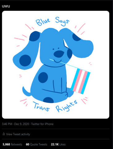 Screenshot of a tweet I made, featuring a digital piece of Blue that says "Blue says trans rights" with her holding a trans flag.