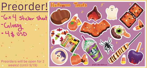 A digital mock up of my sticker sheet preorder, which featured halloween foods