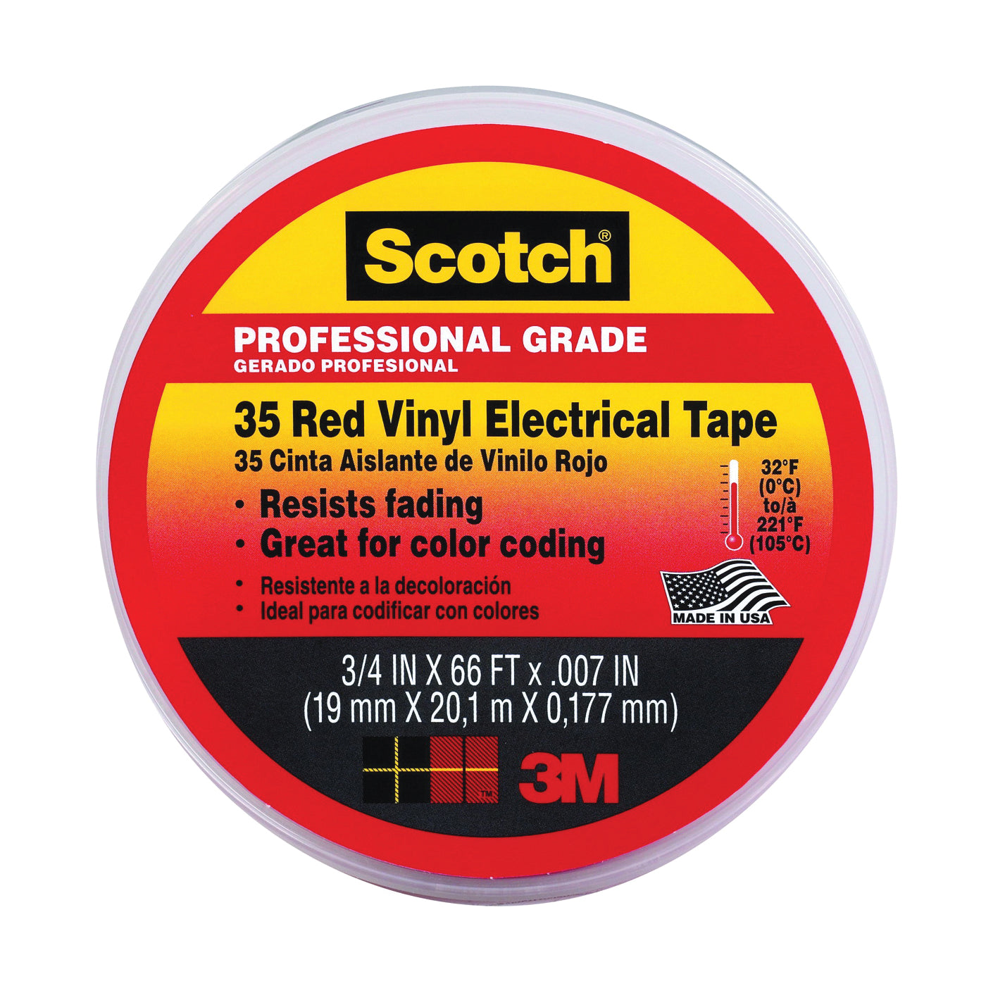 Scotch 10810-DL-2W Electrical Tape, 66 ft L, 3/4 in W, PVC Backing, Red
