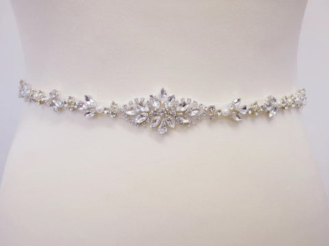 slim silver crystal and pearl bridal belt