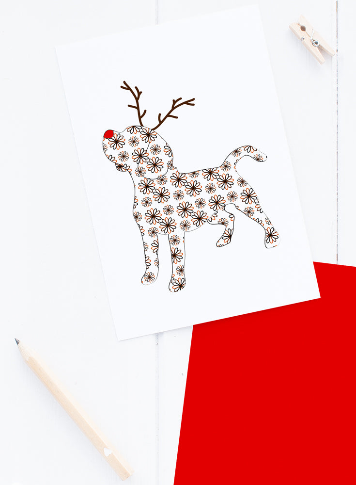 Holiday Beagle Reindeer Card - RiverDogPrints