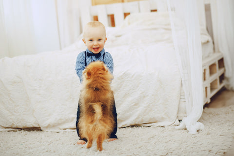 kid with pet in bedroom