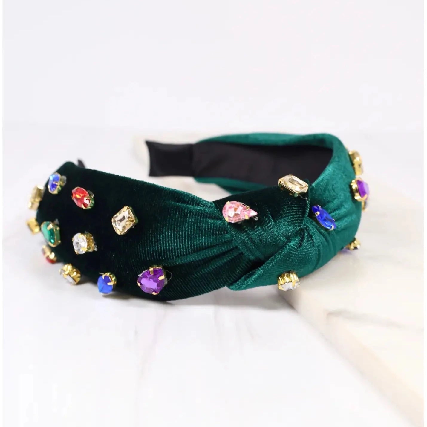 Judith Rhinestone Velvet Headband in Green