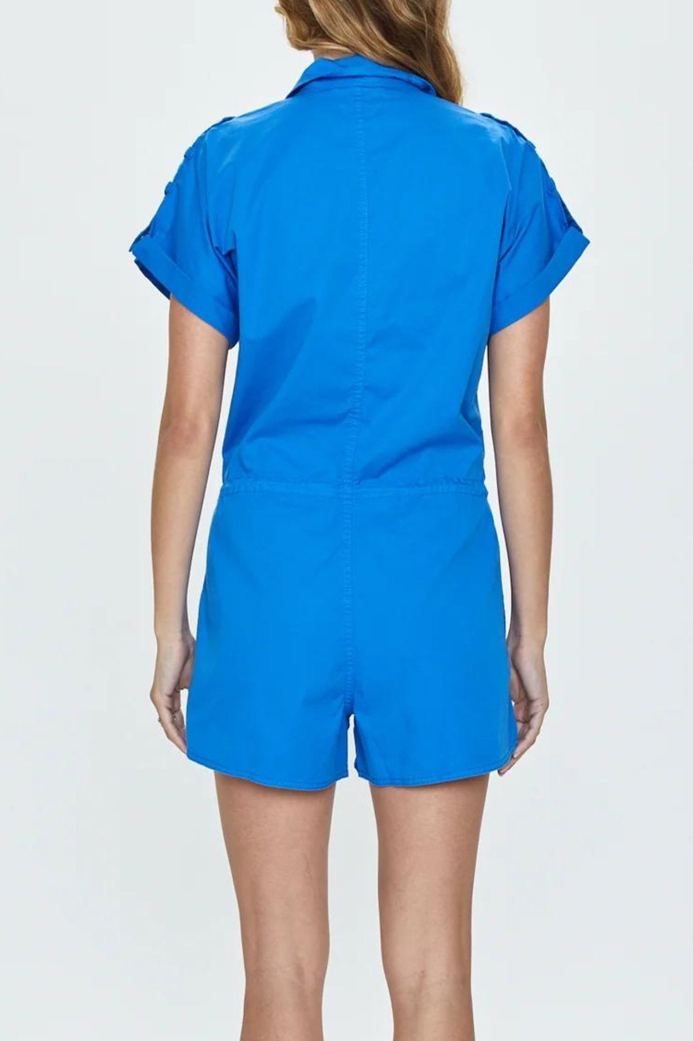 Pistola: Meg Short Sleeve Zip Front Romper in Purist Blue