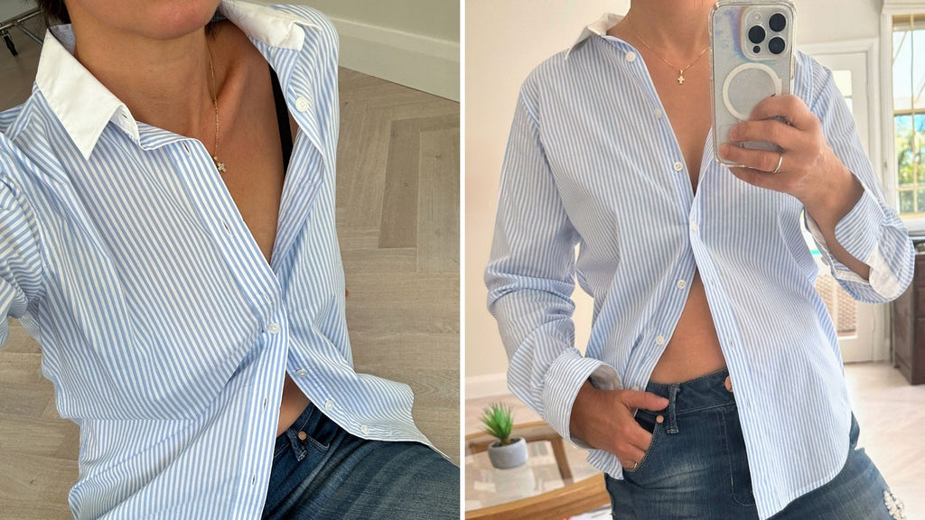 light blue striped shirt with white collar