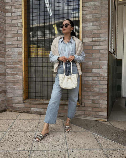 linen striped shirt and jeans