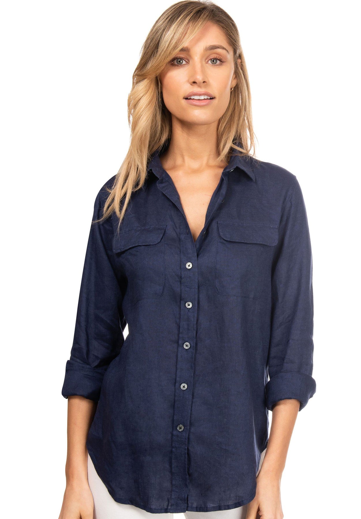 Lete Navy Blue, Relaxed Linen Shirt with Pockets – CAMIXA AUS