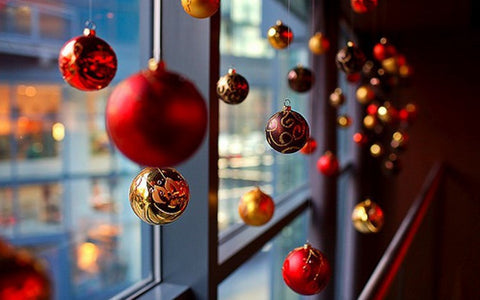 Red Christmas Balls in Office Window