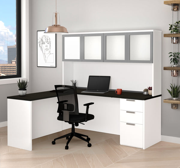 Modern L Shaped Desk Hutch With Frosted Glass Doors In White Deep   110887 17 Room Grande 