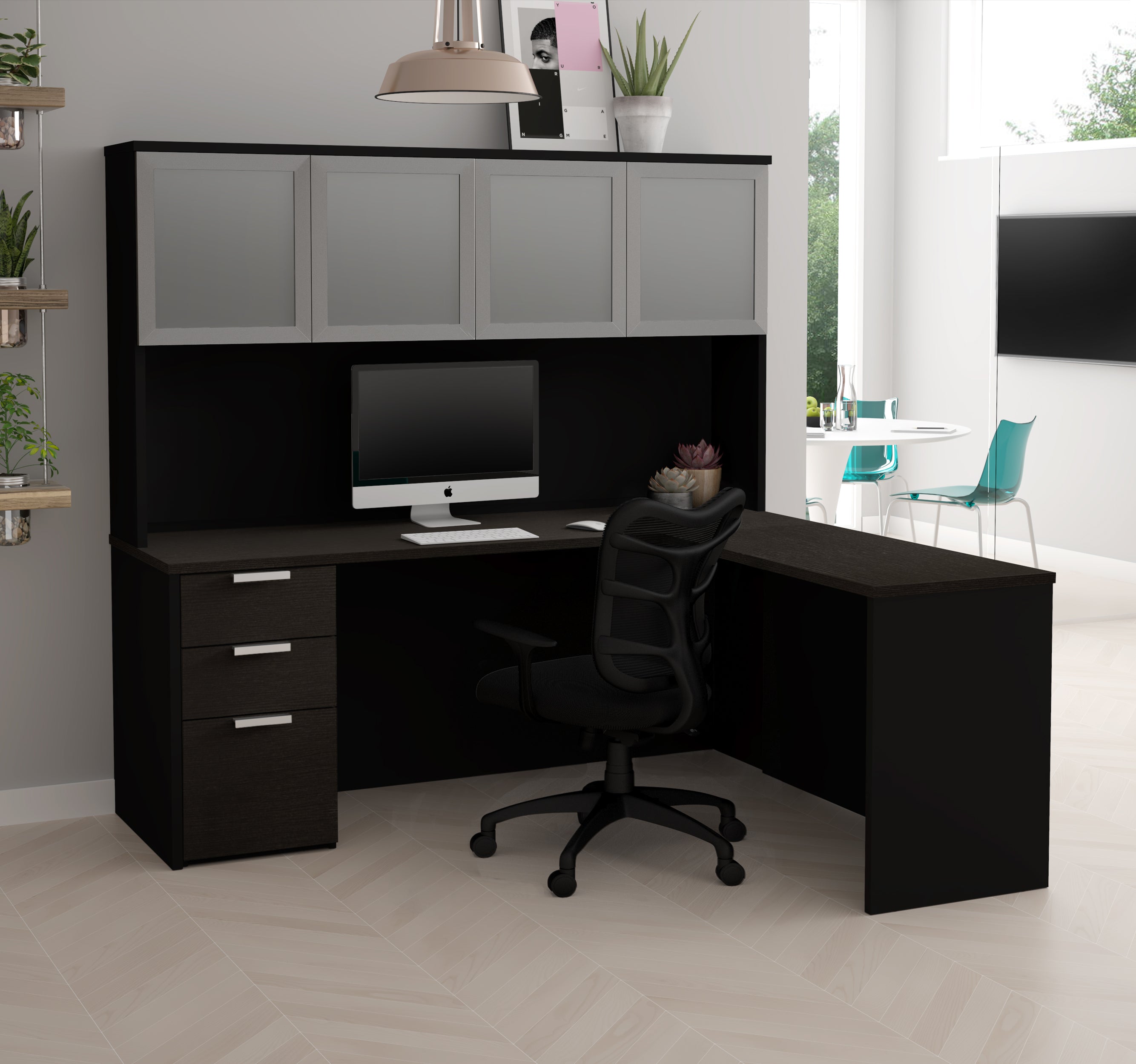 Modern L-Shaped Desk & Hutch in Deep Gray & Black Finish ...